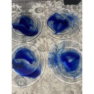 Set 8 Bormioli Rocco Milano Blue Swirl Glass Plates 4 Dinner 4 Salad